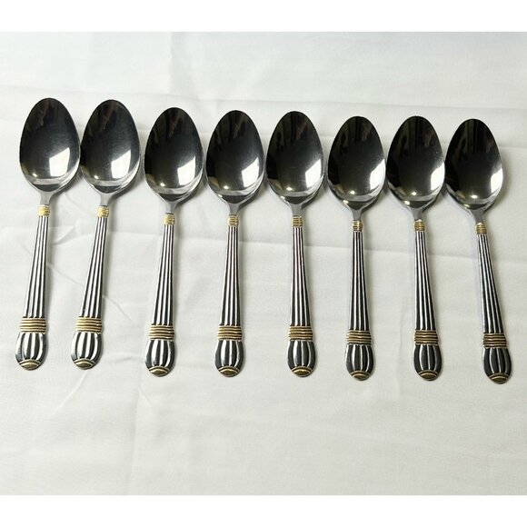 Stainless Steel Teaspoons Ribbed Handle Gold Accent Set of 8 Modern Timeless - Picture 7 of 7